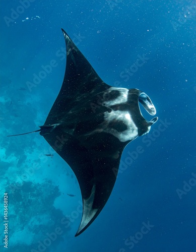A Manta Ray, swims, clear tosca water