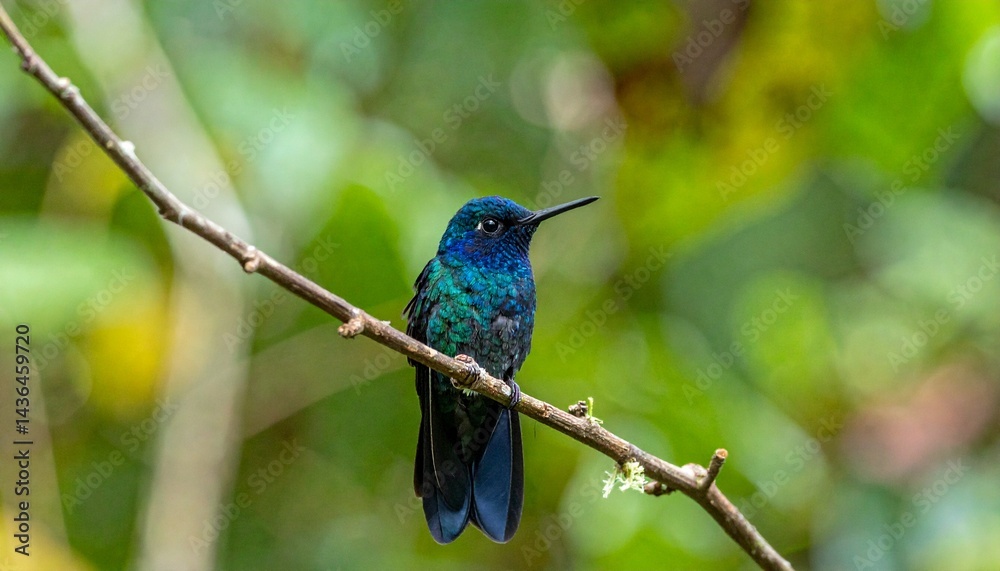 Obraz premium blue hummingbird. blurred forest background