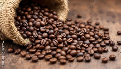 coffee beans spill from a rustic burlap sack onto a textured surface, releasing their rich aroma and hinting at the perfect start to the day.