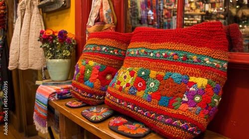 Colorful handcrafted bags and cushions, vibrant embroidery, folk art, interior shop display
