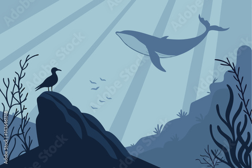36 Ethereal underwater scene, majestic whale silhouette, lone seagull perched atop, misty blue tones, mysterious deep ocean, surreal marine landscape, vertical composition, dreamlike atmosphere, minim