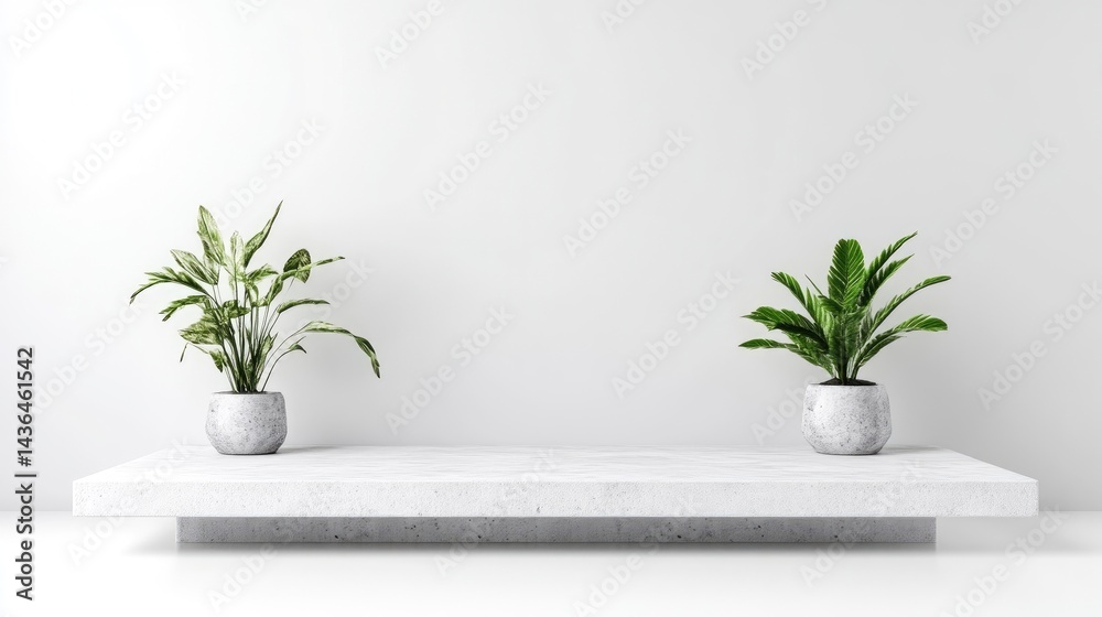 Marble Shelf Two Plants Minimalist Style High-resolution, Clean Lighting Centered Composition Textured Surface Displaying Greenery White Wall Background Serene Mood Ideal for Home Decor Marble Shelf Two Plants Minimalist Style High-resolution, Clean Lighting Centered Composition Textured Surface Displaying Greenery White Wall Background Serene Mood Ideal for Home Decor