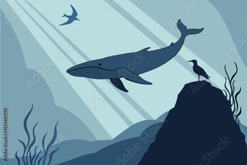 36 Ethereal underwater scene, majestic whale silhouette, lone seagull perched atop, misty blue tones, mysterious deep ocean, surreal marine landscape, vertical composition, dreamlike atmosphere, minim
