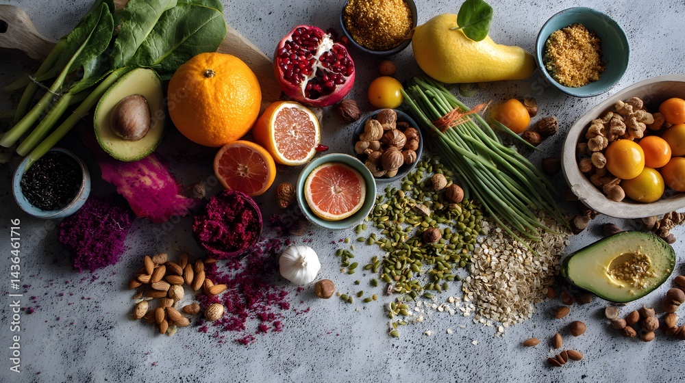Vibrant Health Tableau Featuring Fresh Fruits, Vegetables, Nuts, and Grains for a Nutritious Lifestyle Vibrant Health Tableau Featuring Fresh Fruits, Vegetables, Nuts, and Grains for a Nutritious Lifestyle