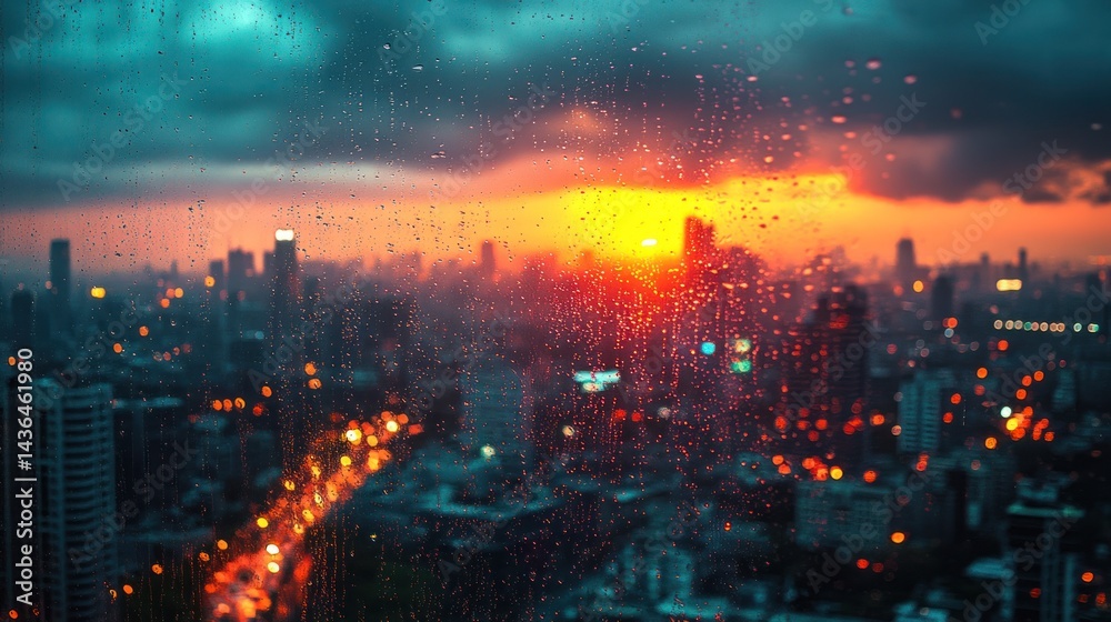 Fototapeta premium Rainy City Sunset Viewed Through Window