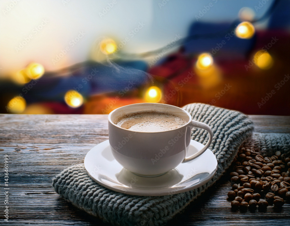 Obraz premium Cozy Coffee Moment with Cookies. A warm cup of coffee with cookies on a wooden tray, surrounded by festive lights and coffee beans. Great for holiday ads, cafe promotions, or cozy lifestyle content