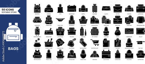 Bags line editable icon set in solid style. Contains icons related to types of bags. Vector illustration
