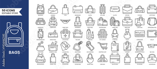 Bags line editable icon set. Contains icons related to types of bags. Vector illustration