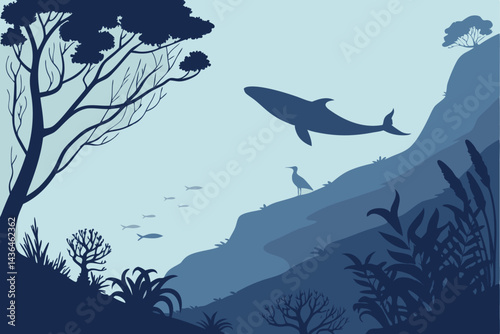 36 Ethereal underwater scene, majestic whale silhouette, lone seagull perched atop, misty blue tones, mysterious deep ocean, surreal marine landscape, vertical composition, dreamlike atmosphere, minim