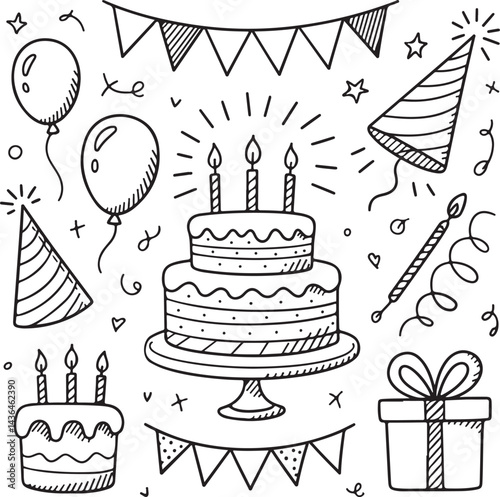 black and white doodle party elements birthday cake, balloons, party hat, confetti, candles, banner, gift box, streamer sketchy vector icons
