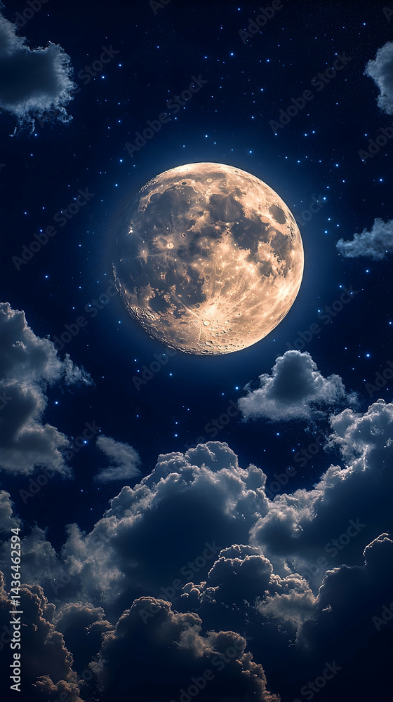 Full moon shining brightly amidst a starlit night sky and fluffy clouds Full moon shining brightly amidst a starlit night sky and fluffy clouds