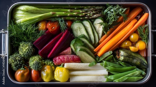 Colorful Fresh Vegetables Vibrantly Arranged in a Tapestry of Green, Red, Yellow, and Orange Hues