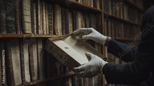 Archivist handling ancient book in historical archive for Archives Day concept
