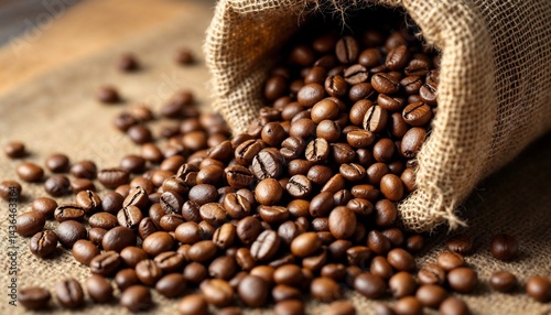 Aromatic Awakening: Roasted coffee beans spill from a rustic burlap sack onto a textured surface, releasing their rich aroma and hinting at the perfect start to the day.