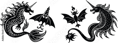 Elegant script with a dragon breathing fire on one side, a phoenix rising above, mermaid tails wrapping below, and a unicorn horn shining through