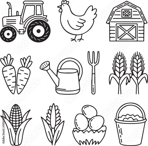 Doodle farm icons, tractor, chicken, barn, carrots, watering can, pitchfork, corn, wheat, eggs, bucket, rustic black
