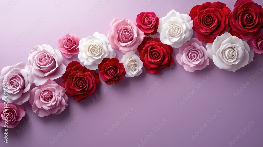 Soft gradient floral composition of roses transitioning from ruby red to dusty pink and snow white, forming a cascading design on a muted lavender background. Soft gradient floral composition of roses transitioning from ruby red to dusty pink and snow white, forming a cascading design on a muted lavender background.