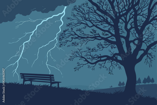 37 Dark stormy sky, electric blue lightning, ominous clouds, solitary bench, silhouette, empty field, dramatic lighting, moody atmosphere, surreal landscape, cinematic composition, high contrast, nigh