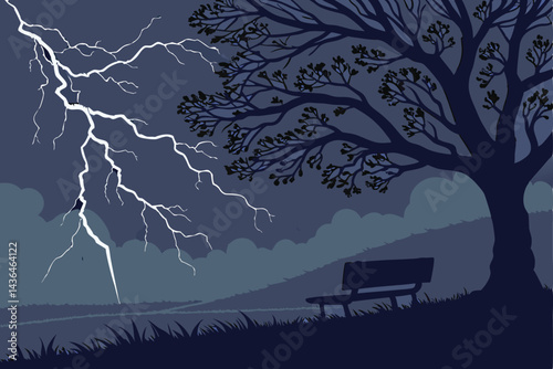 37 Dark stormy sky, electric blue lightning, ominous clouds, solitary bench, silhouette, empty field, dramatic lighting, moody atmosphere, surreal landscape, cinematic composition, high contrast, nigh