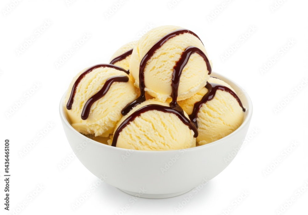 Ice cream scoops with syrup isolated on white background Ice cream scoops with syrup isolated on white background