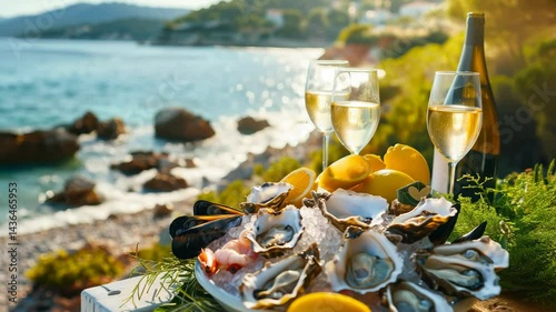 Seafood platter with fresh oysters, lemons and white wine glasses on coastal backdrop. Mediterranean seaside dining with sunshine reflecting on water.