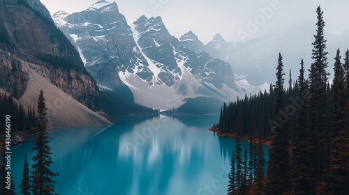 Majestic alpine lake nestled amidst towering snow-capped peaks, reflecting the sky. Lush forest lines the tranquil shoreline photo