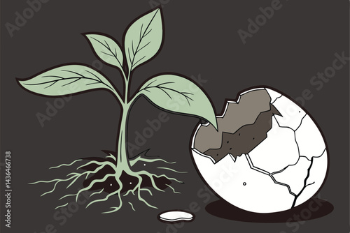 39 Plant seedling, cracked eggshell, exposed roots, soil ball, green leaves, water droplets, growth concept, macro photography, dark background, organic textures, symbolism of birth, environmental ima