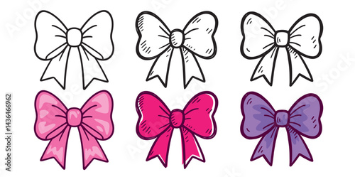 Set of hand-drawn cartoon bows in pink and purple colors. Cute girly style, doodle aesthetic. Isolated on white background