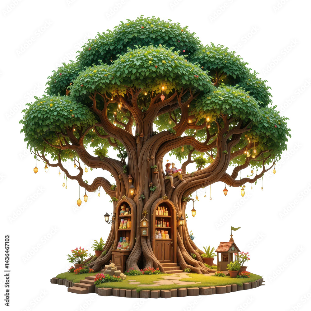 Fototapeta premium Enchanting Tree Shop Illustration Couple Relaxing in Magical Treehouse with Shelves of Goods