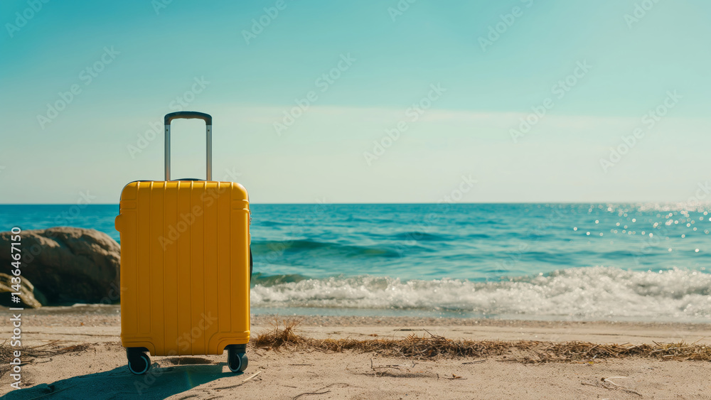 Bright yellow hard-shell suitcase standing on beach near waves, ideal for travel, vacation, or freedom-themed creative projects. Bright yellow hard-shell suitcase standing on beach near waves, ideal for travel, vacation, or freedom-themed creative projects.