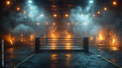 Empty boxing ring in a smoky, industrial setting