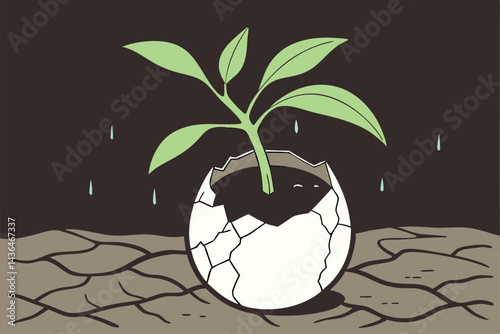 39 Plant seedling, cracked eggshell, exposed roots, soil ball, green leaves, water droplets, growth concept, macro photography, dark background, organic textures, symbolism of birth, environmental ima