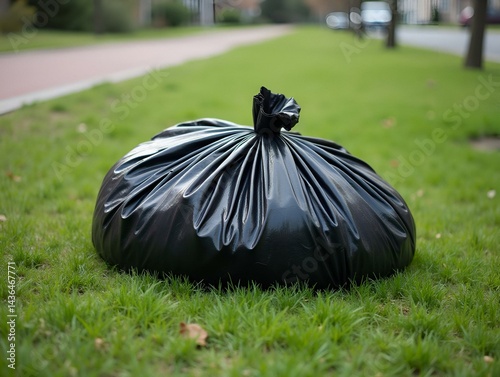 Black garbage bag lies on grassy area in residential zone. Waste disposal in public space. Residents discard garbage on lawn. Urban eco problem. City life. Local environmental issue. Untidy public