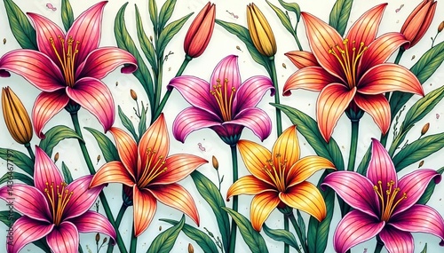 Intricate line art blooming lilies, geometric repeat , style, graphics, white