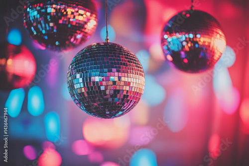 Mirror disco balls reflecting on retro colors background