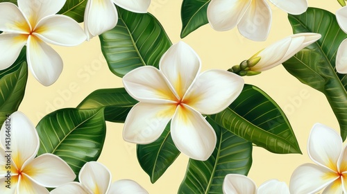 Detailed illustration of tropical plumeria flowers and leaves.