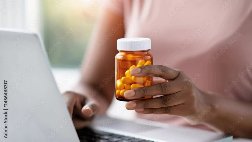 A person holds a bottle of pills while working on a laptop, emphasizing the intersection of healthcare and technology. A person holds a bottle of pills while working on a laptop, emphasizing the intersection of healthcare and technology.