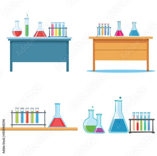 Cartoon Lab Table Scene Vector Bundle Set