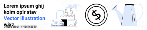 Factory emitting smoke, circular dollar icon, and watering can combining concepts of industrial growth, economic value, and eco-conscious practices. Ideal for finance, commerce, sustainability
