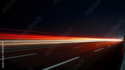 Dynamic long exposure captures vibrant car light trails streaking across a dark highway at night. Ideal for transportation, speed, or urban themes. photo
