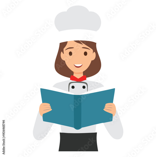 Chef Holding Pan Reading Recipe Book Vector
