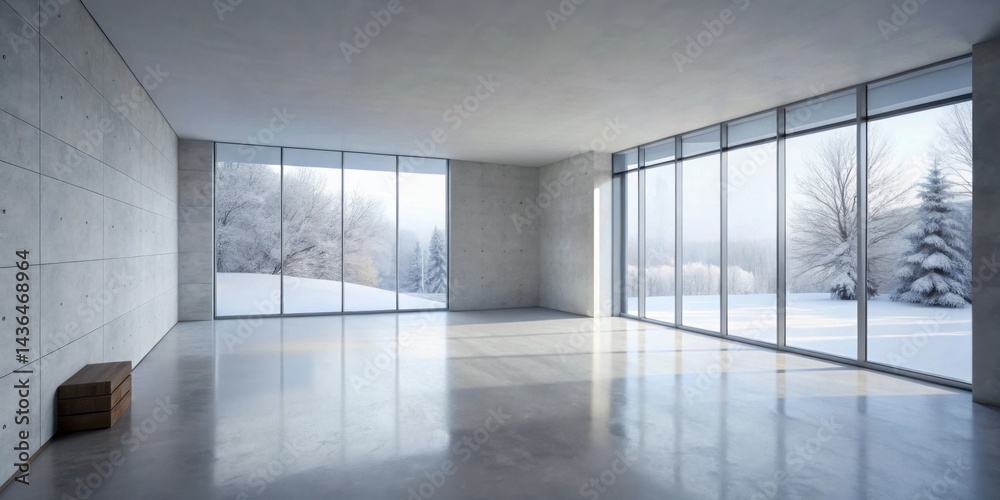 Modern minimalist interior design showcasing expansive windows offering a serene winter landscape view