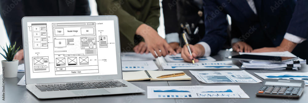 Panorama shot analyst team utilizing BI Fintech to analyze financial report with laptop. Businesspeople analyzing BI data dashboard displayed on laptop screen for business insight. Prodigy