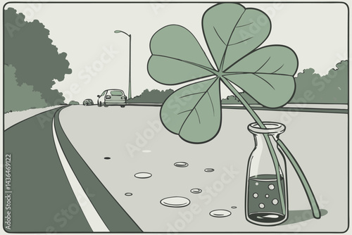 41 Close-up of clover leaf, small glass vase, water droplets, asphalt road, bokeh background, cars in distance, green foliage, macro photography, depth of field, nature meets urban, reflective surface