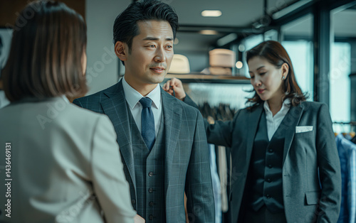 Asian businessman in tailored suit being assisted by staff in formalwear store, great for business, fashion, or service industry visuals. photo