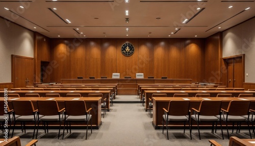Inside the Courtroom: A formal, empty courtroom, with polished wood paneling and rows of empty seats, is ready for the legal proceedings. The image conveys a sense of authority, law, and order.