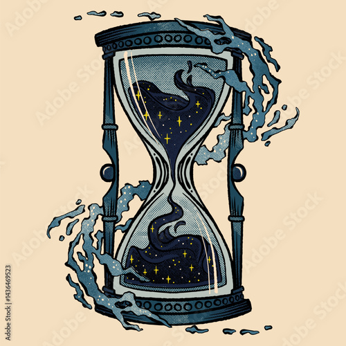 Mystical hourglass filled with night sky and stars, wrapped in cosmic waves. Retro tattoo style illustration, isolated on beige background