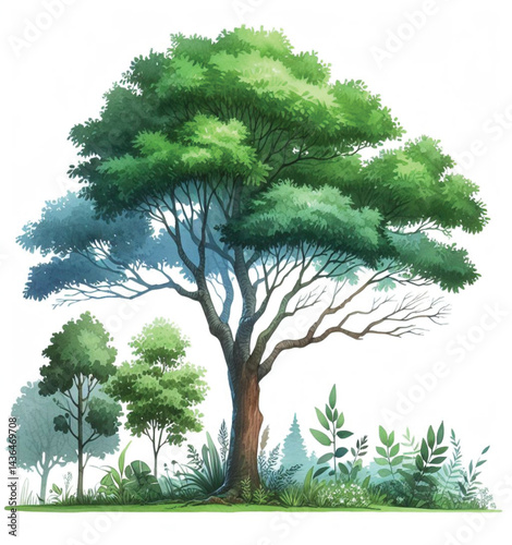 Vector watercolor green tree or forest side view isolated on white background for landscape and architecture drawing,elements for   garden,botanical element for exterior section in spring