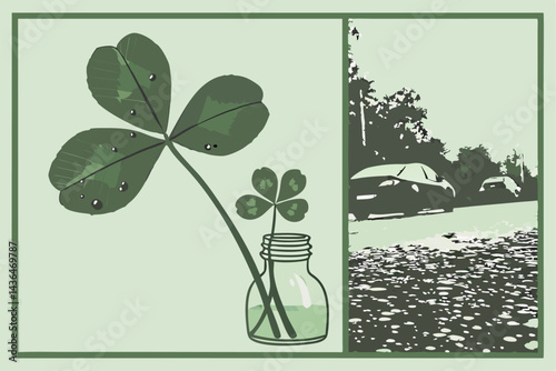 41 Close-up of clover leaf, small glass vase, water droplets, asphalt road, bokeh background, cars in distance, green foliage, macro photography, depth of field, nature meets urban, reflective surface