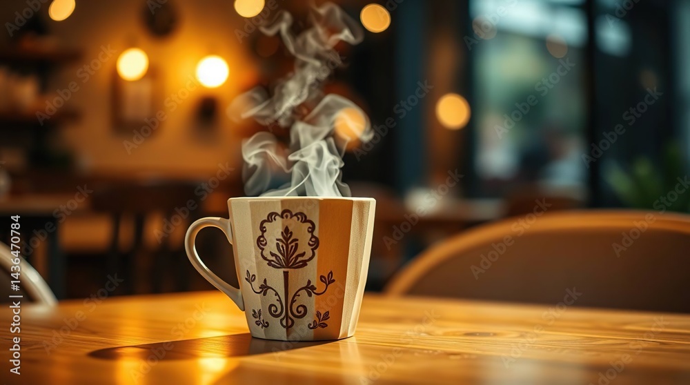 Fototapeta premium A steaming cup of coffee on a cafe table